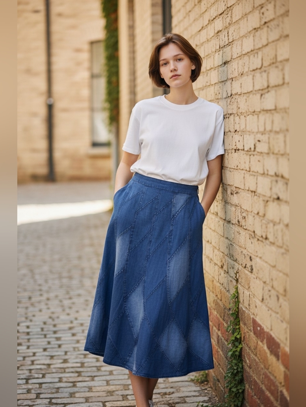NEW Studio West Indigo Patchwork Midi Denim Jean Skirt MEDIUM 🌸